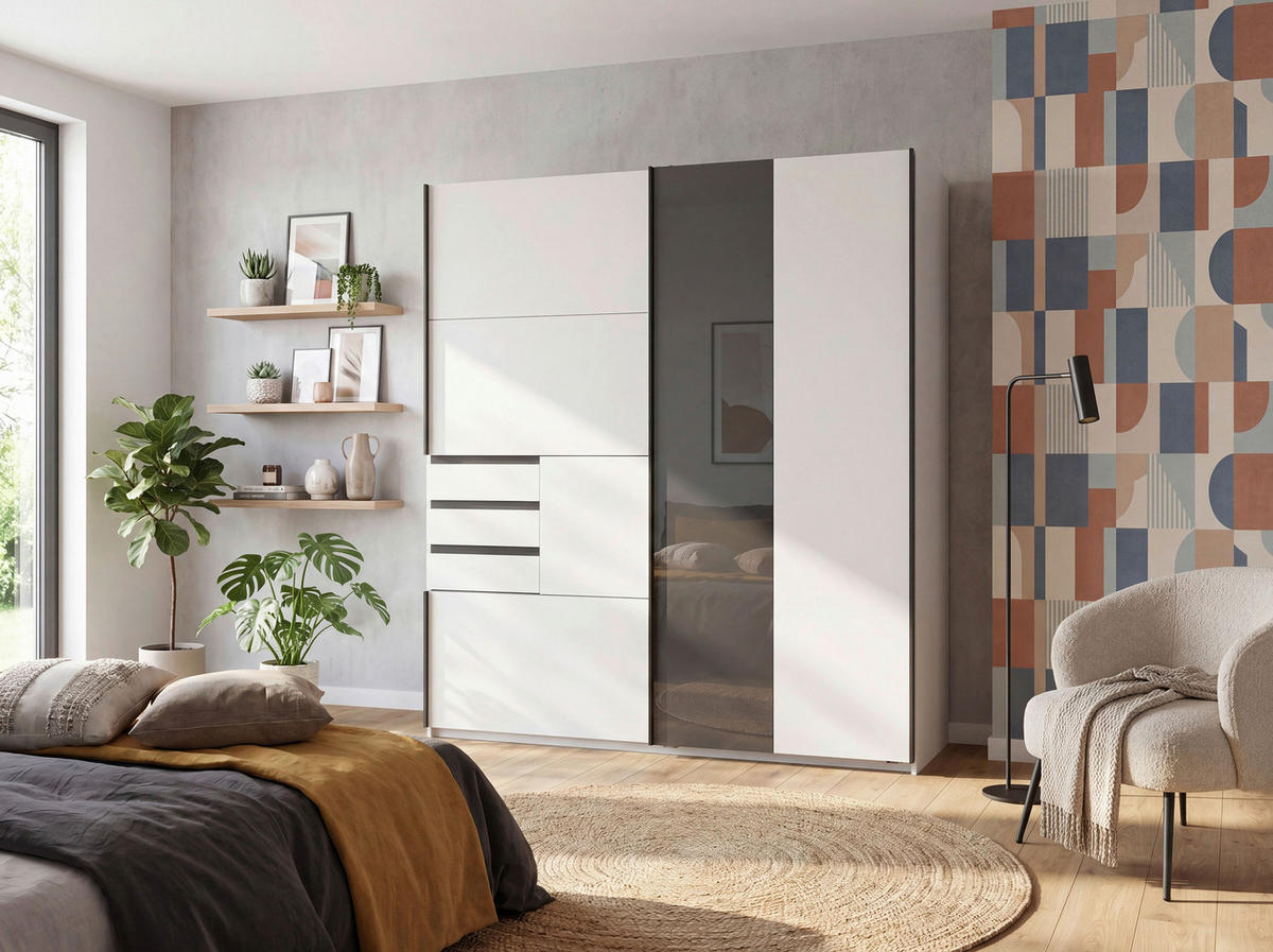 GARDEROB MED SKJUTDÖRRAR 180/198/65 cm 2-dörrar - vit/svart, Modern, trämaterial/glas (180/198/65cm) - MID.YOU