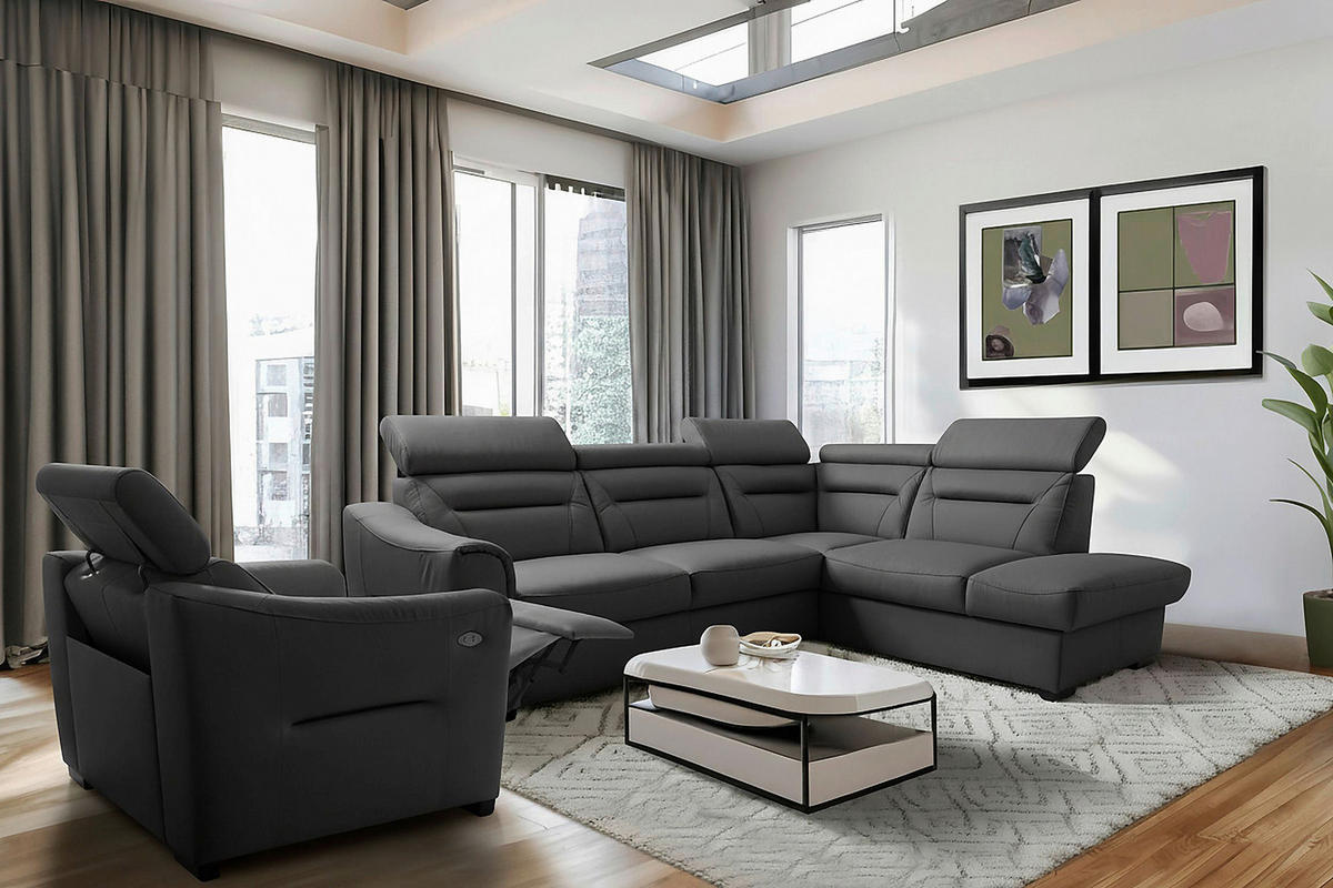 ECKSOFA Lederlook Echtleder Anthrazit  - Wengefarben/Anthrazit, Design, Leder/Holz (260/212cm) - Celina Home
