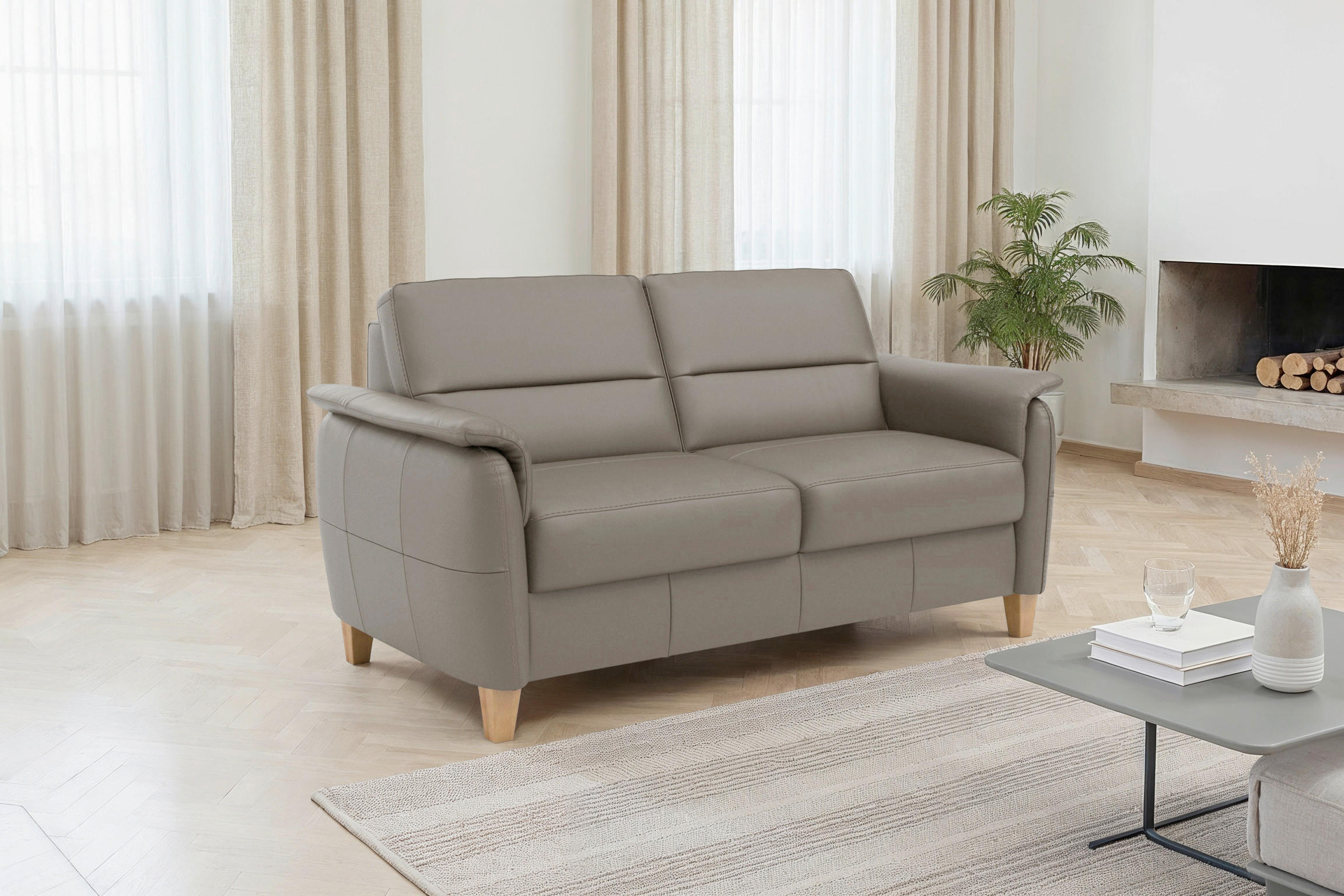 3-SITZER-SOFA PALMERA E Echtleder Grau  - Eichefarben/Grau, Basics, Leder/Holz (179/89/89cm) - Sit & More