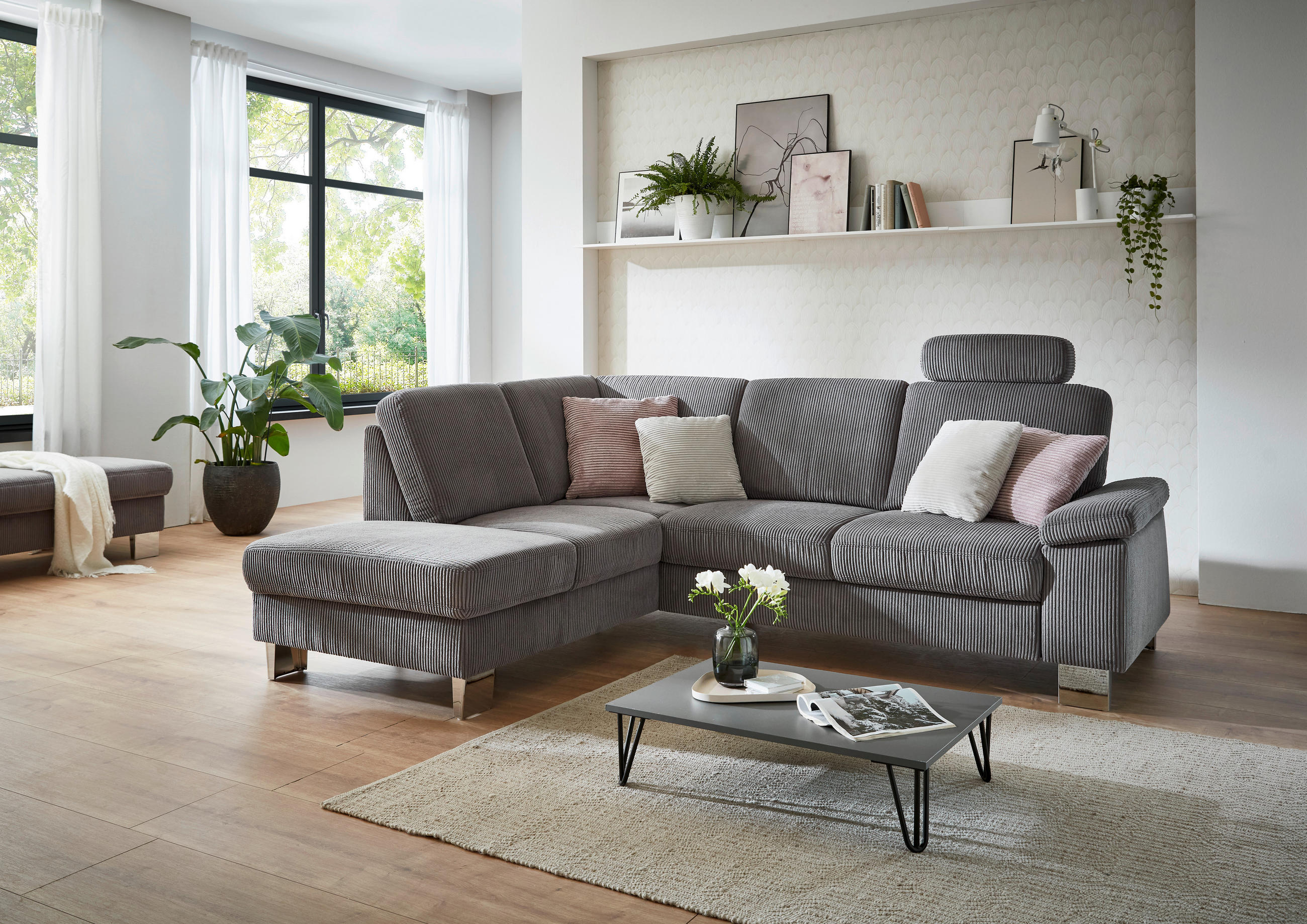 ECKSOFA in Cord Anthrazit  - Edelstahlfarben/Anthrazit, Konventionell, Textil/Metall (200/248cm) - Beldomo System