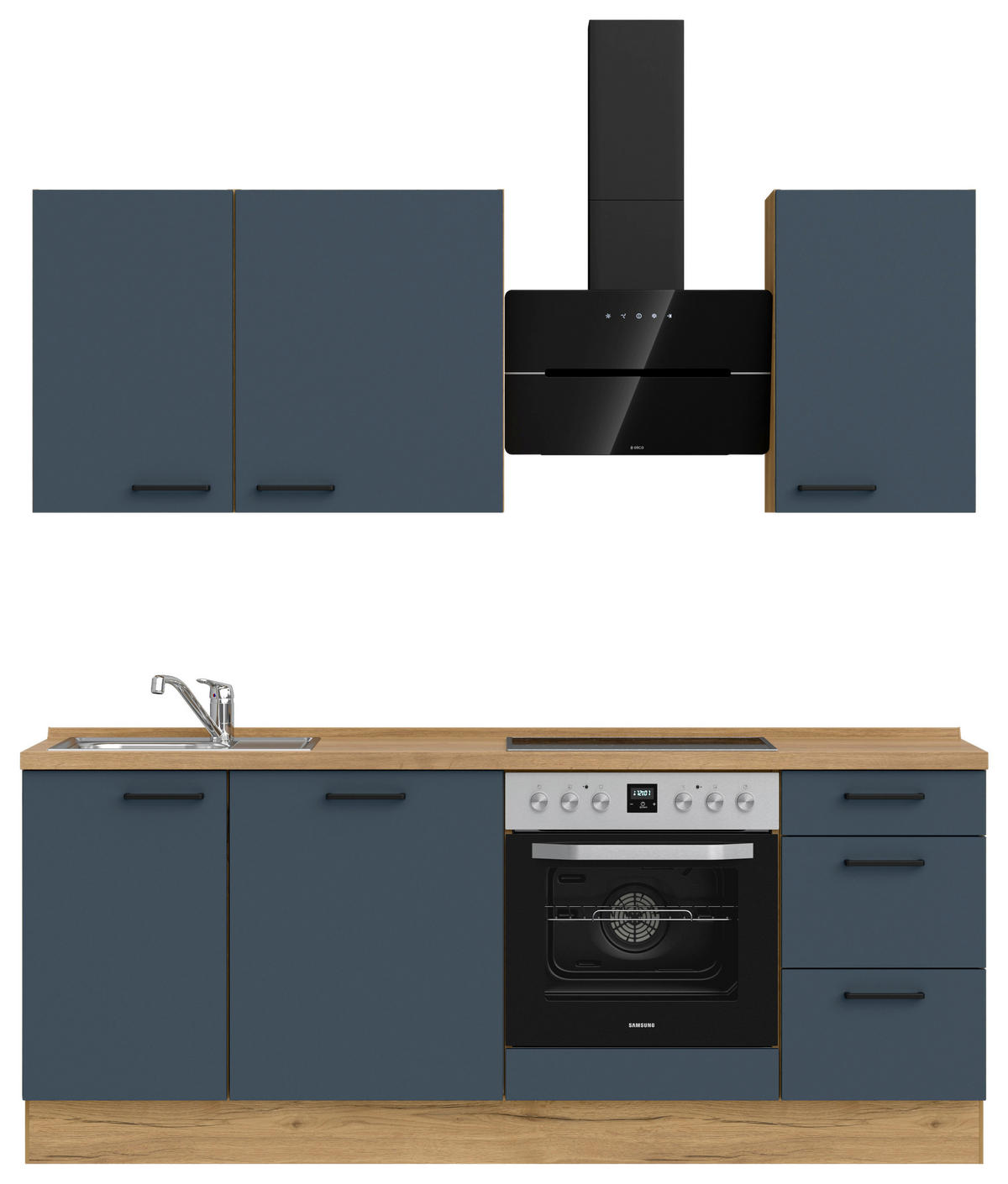 KÜCHENBLOCK 210 cm   in Eichefarben, Dunkelblau  - Eichefarben/Schwarz, MODERN, Holzwerkstoff/Metall (210cm) - Nobilia
