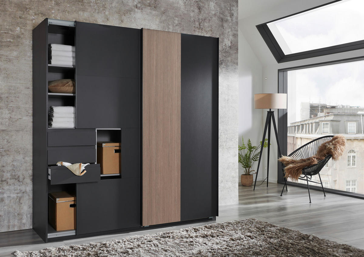 SCHWEBETÜRENSCHRANK  in Graphitfarben, Braun  - Schwarz/Graphitfarben, Trend, Holzwerkstoff/Metall (180/198/65cm) - Carryhome