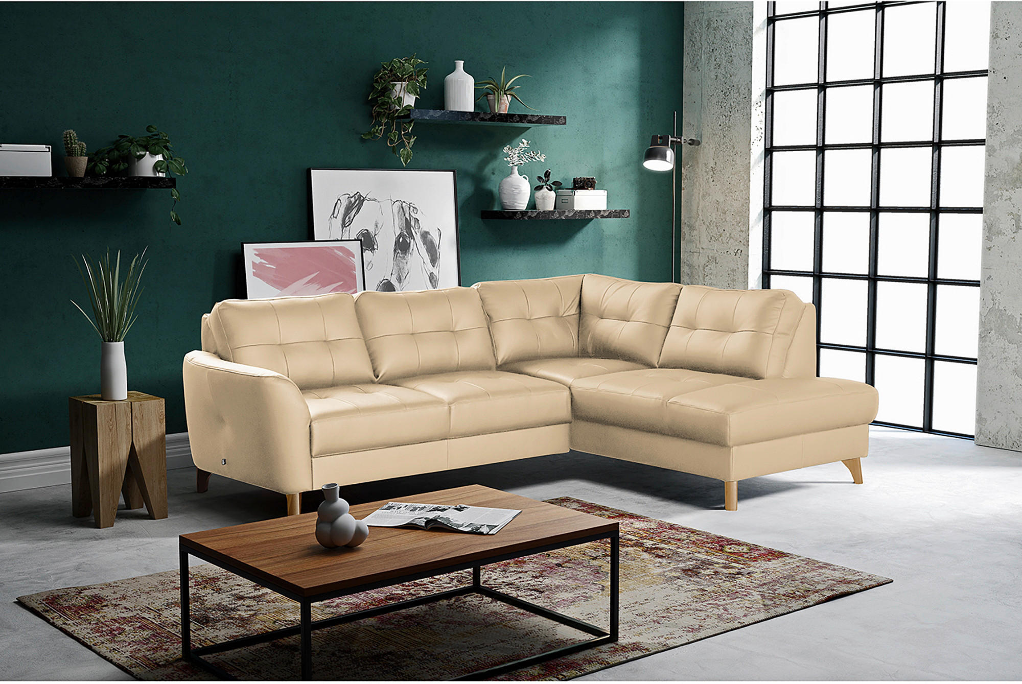 ECKSOFA in Lederlook Echtleder Beige  - Beige/Buchefarben, Design, Leder/Holz (236/190cm) - Livetastic