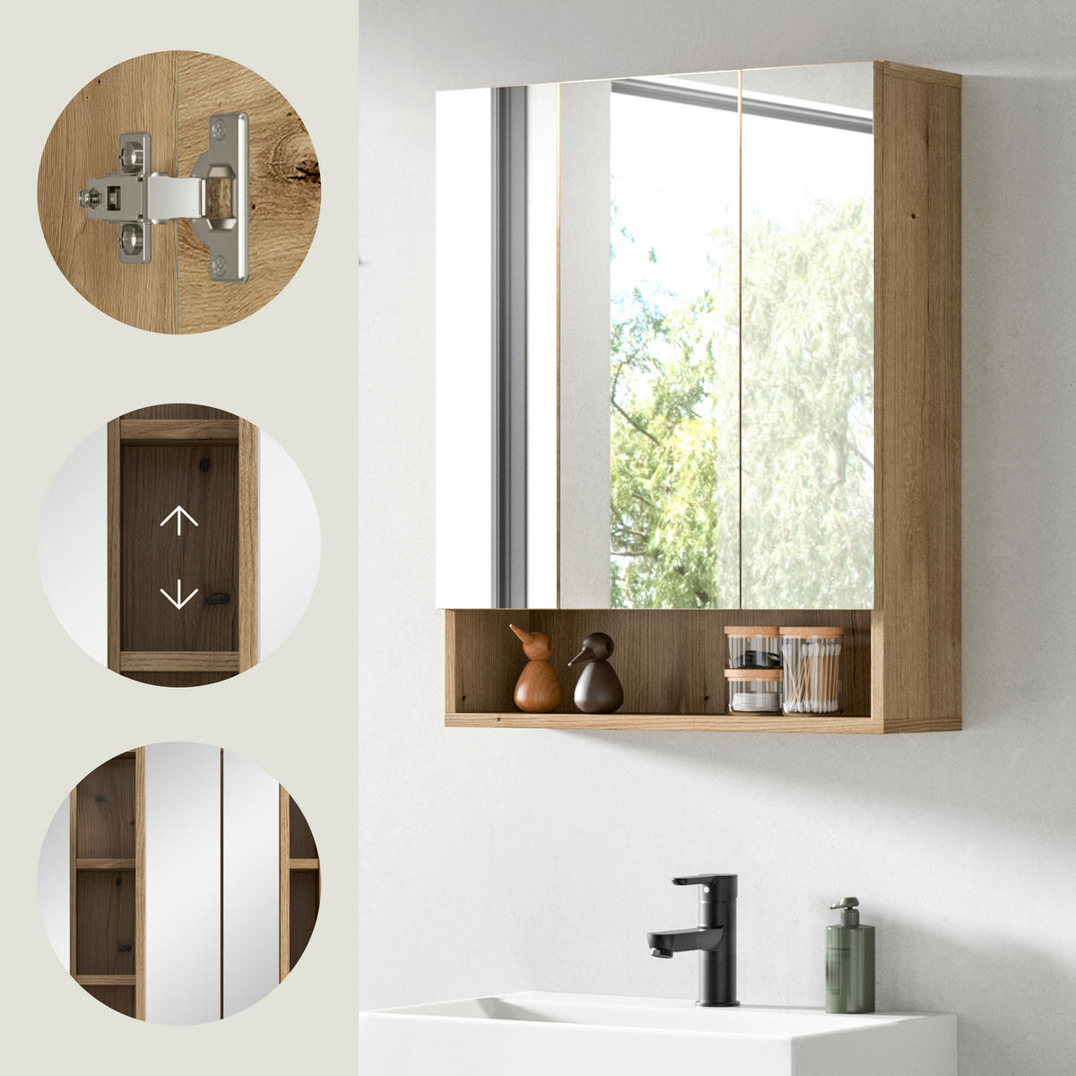SPIEGELSCHRANK 60/74/18 cm  - Eichefarben, Trend, Glas/Holzwerkstoff (60/74/18cm) - MID.YOU