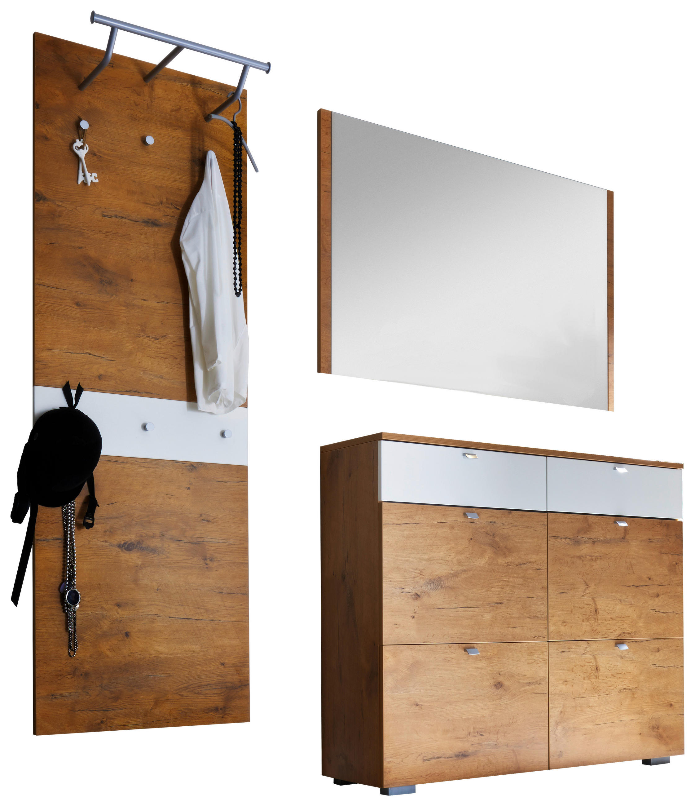 GARDEROBE 3-teilig  in 190/189/34 cm  - Eichefarben/Weiß, Design, Glas/Holzwerkstoff (190/189/34cm) - Moderano