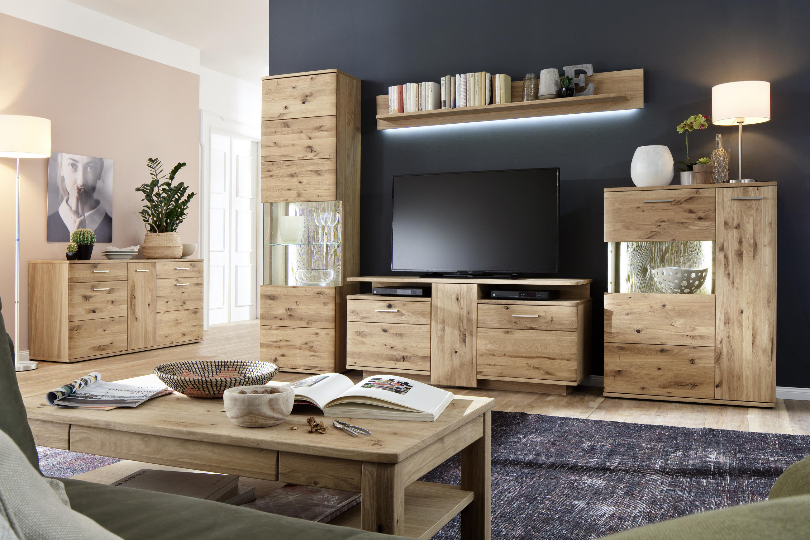 WOHNWAND in Eichefarben 320/208/45 cm - Eichefarben/Schwarz, Design, Glas/Holz (320/208/45cm) - Livetastic