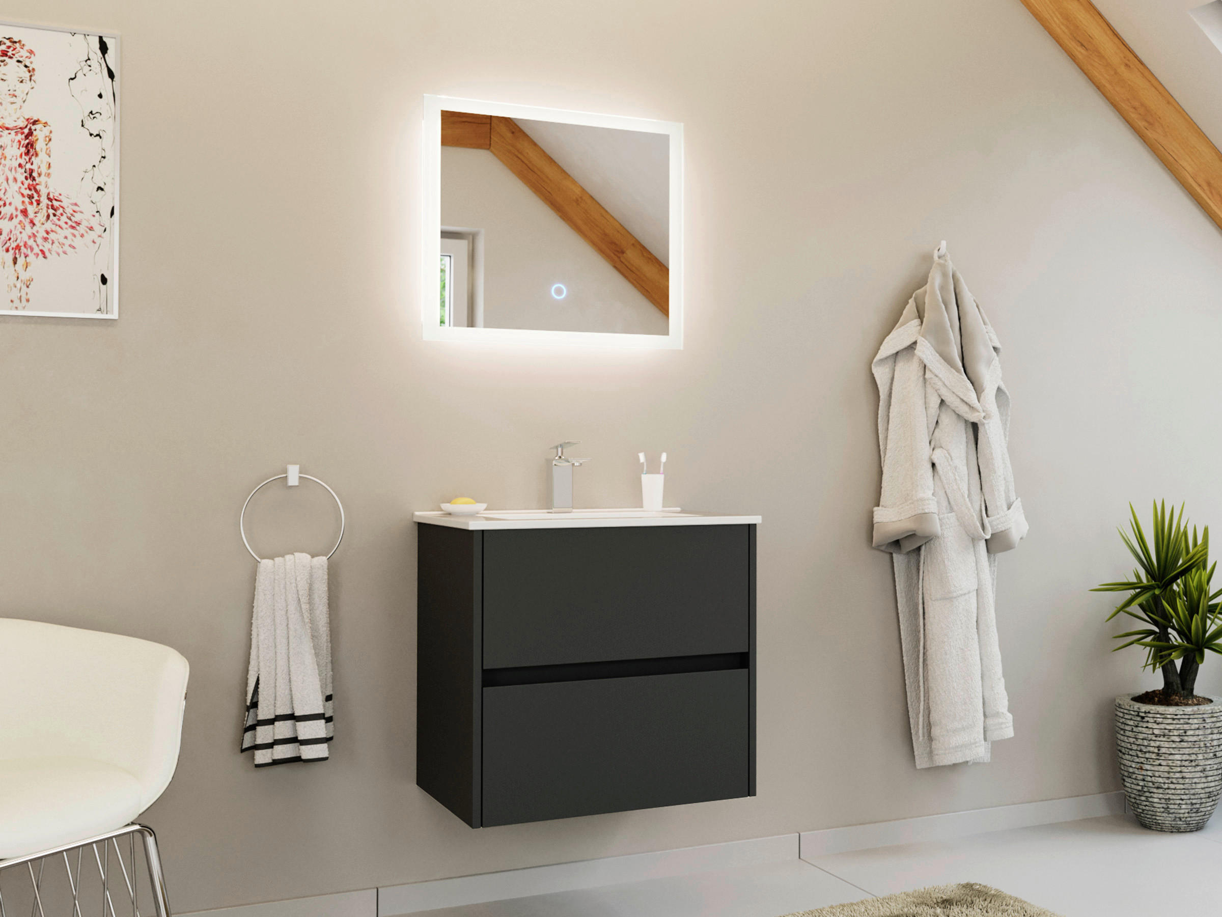 BADEZIMMER 2-teilig  in 60 cm  - Graphitfarben/Weiß, Basics, Keramik/Holzwerkstoff (60cm) - MID.YOU