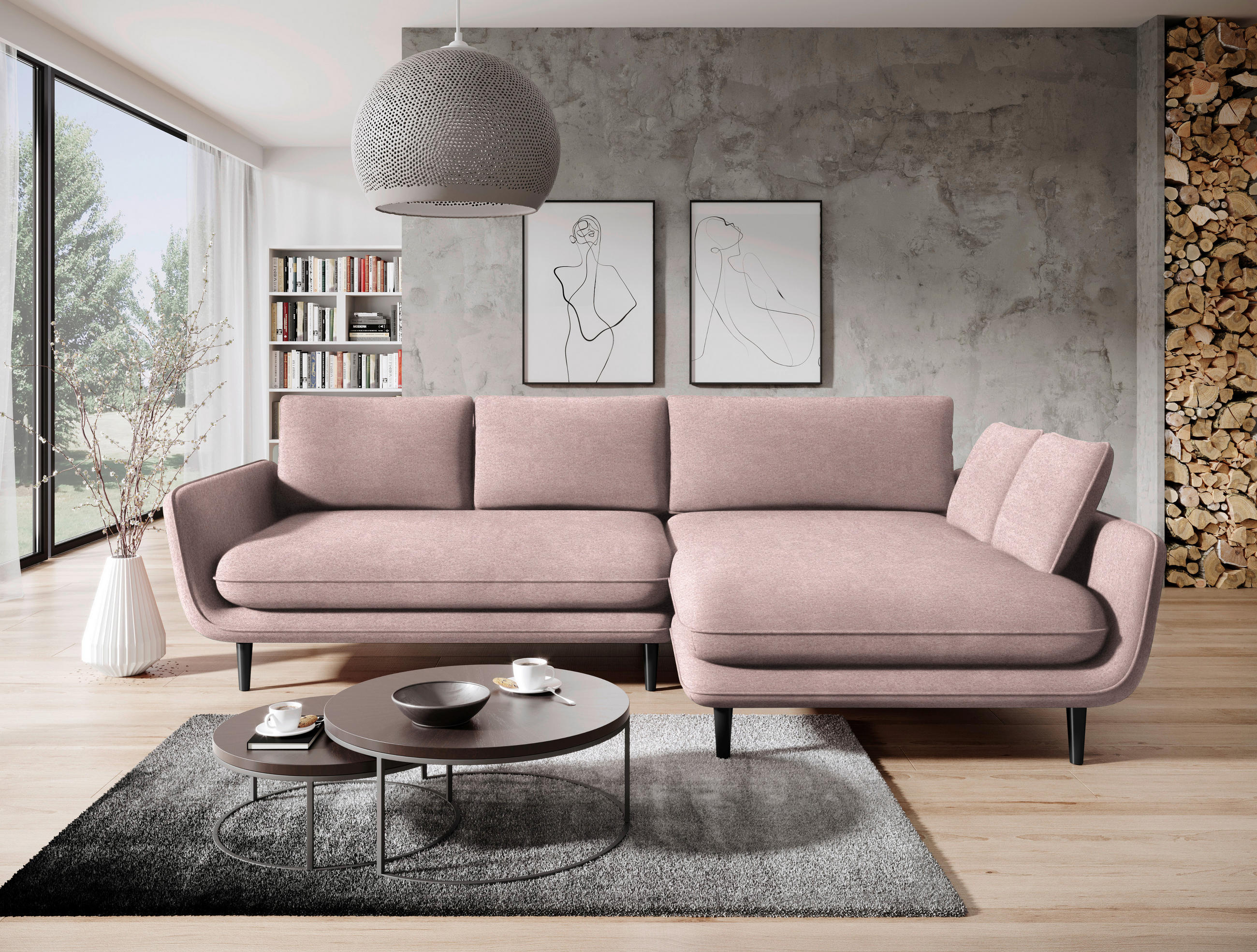 ECKSOFA in Velours Altrosa  - Schwarz/Altrosa, Design, Holz/Textil (260/167cm) - Welnova