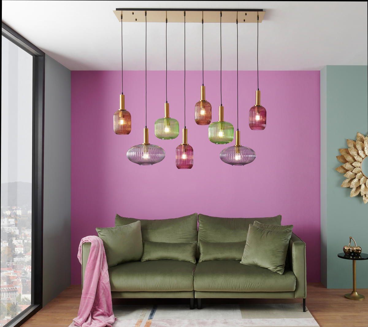 HÄNGELEUCHTE 125/47/150 cm    - Brombeere/Messingfarben, Design, Glas/Metall (125/47/150cm) - Globo
