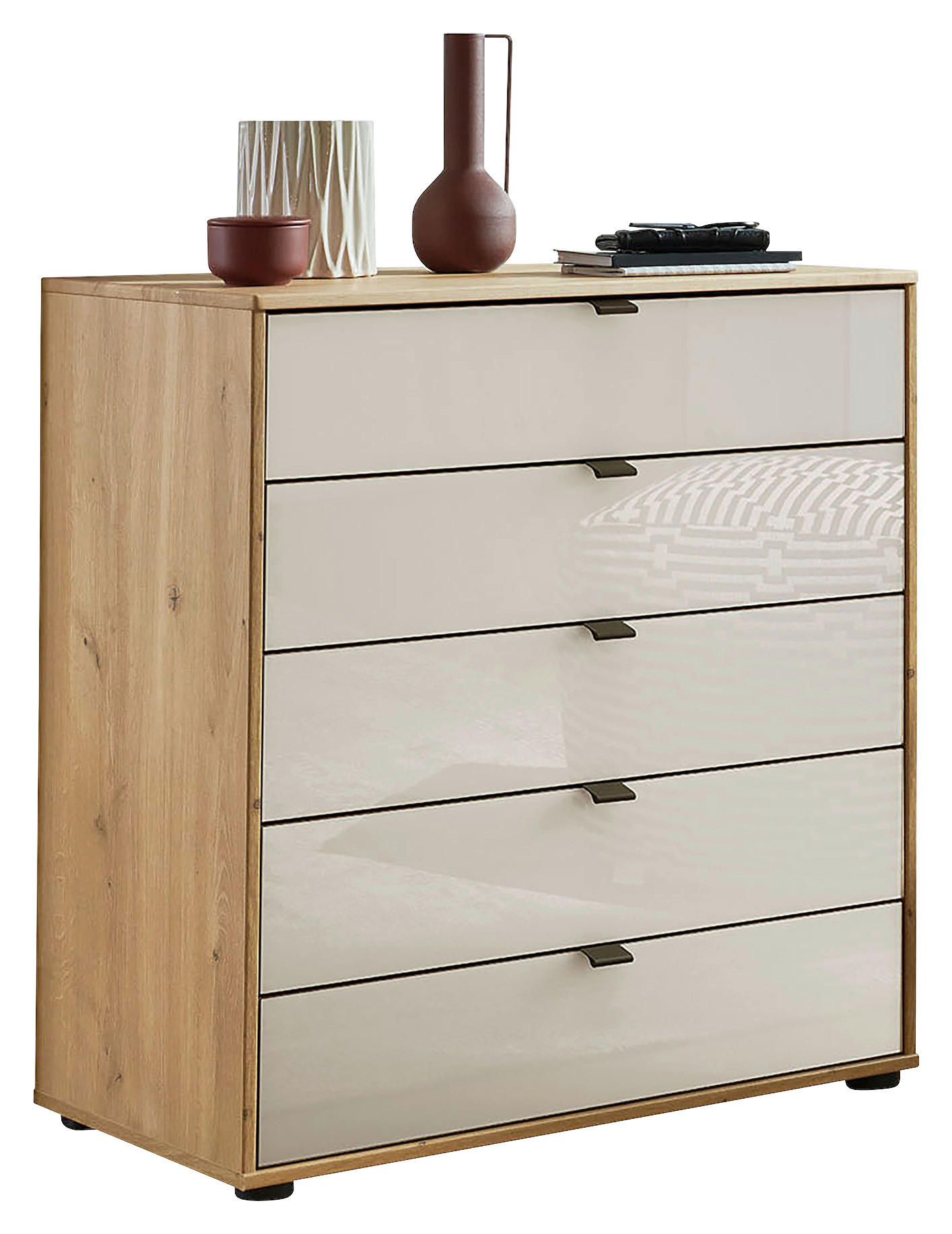 KOMMODE , 60/86/43 cm, 5 Schublade(n)  - Schieferfarben/Eiche Bianco, Design, Glas/Holzwerkstoff (60/86/43cm) - Novel