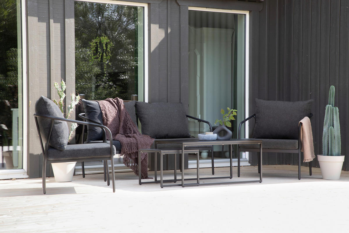 LOUNGEGARNITUR   Stahl  - Dunkelgrau/Schwarz, KONVENTIONELL, Textil/Metall - Gardenson
