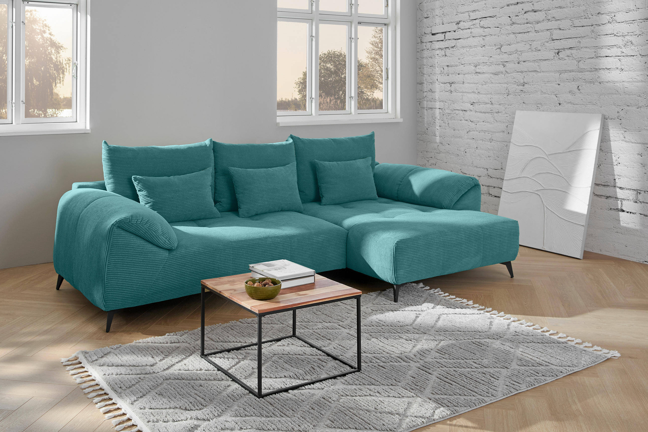 ECKSOFA in Cord Petrol  - Petrol/Schwarz, Konventionell, Textil/Metall (311/176cm) - Carryhome