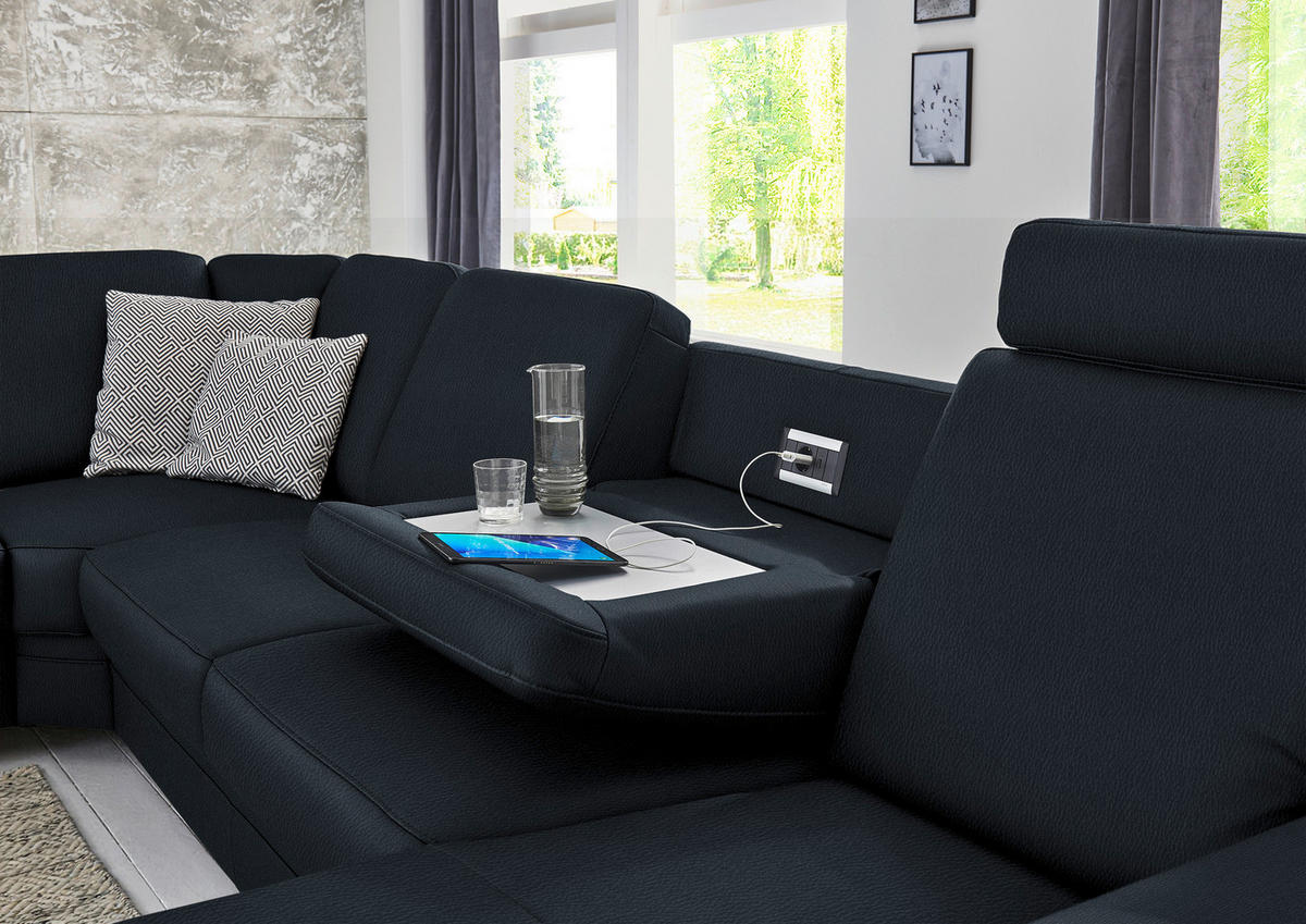 WOHNLANDSCHAFT Echtleder Dunkelblau  - Alufarben/Dunkelblau, Konventionell, Leder/Metall (239/329/165cm) - Beldomo Premium