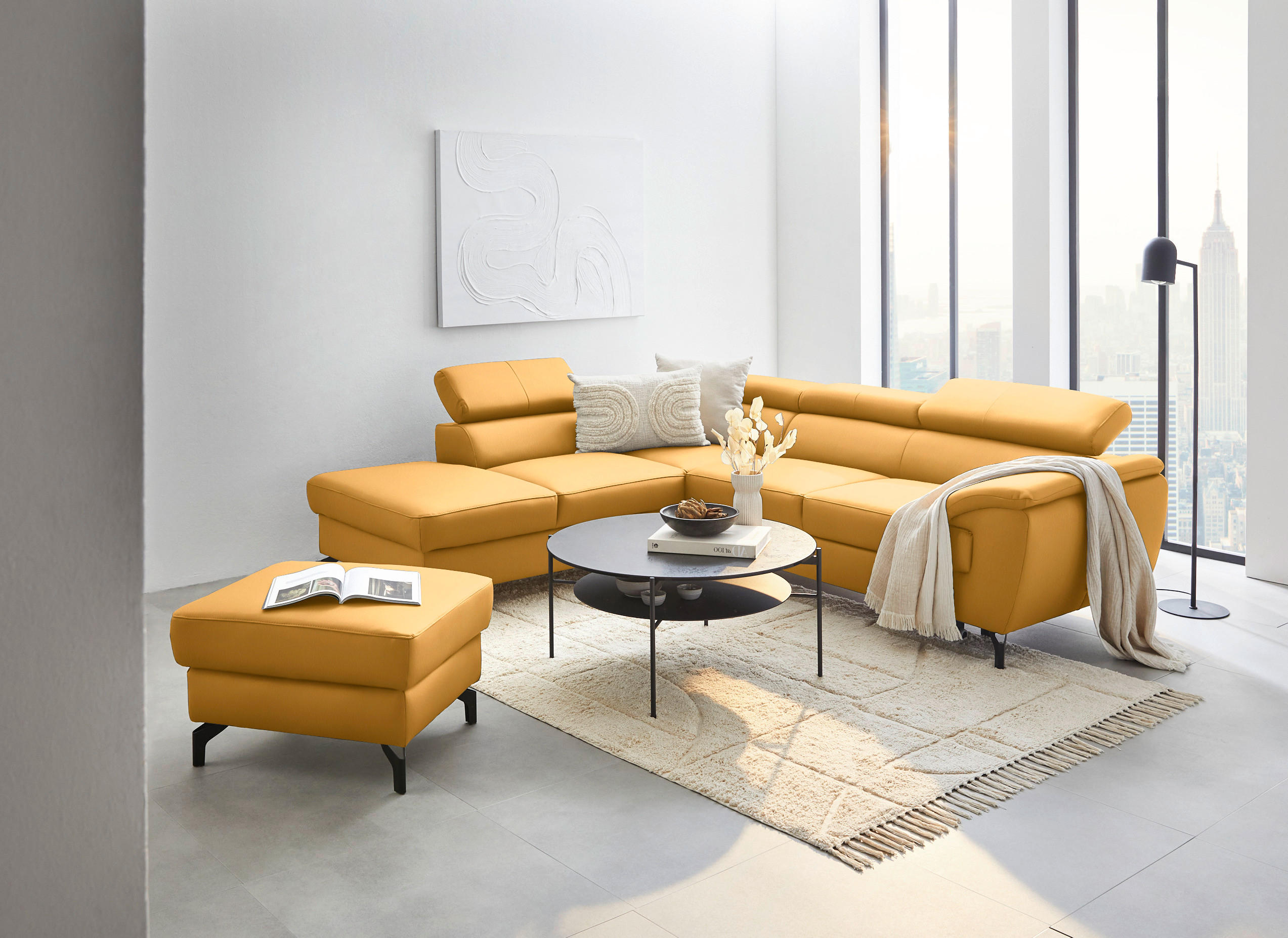 ECKSOFA in Echtleder Currygelb  - Currygelb/Schwarz, Design, Leder/Metall (220/256cm) - Celina Home