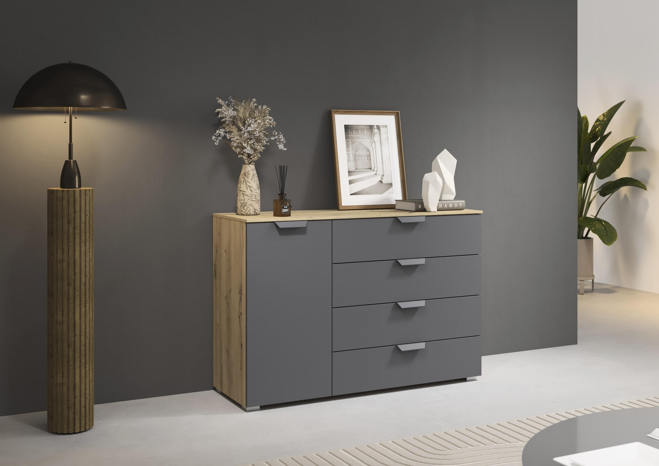 Thumbnail - Carryhome Kommode, Dunkelgrau, Eiche Artisan, Metall, 2 Fächer, 4 Schublade(n) Schubladen, 120x81x42 cm, Blauer Engel, G...