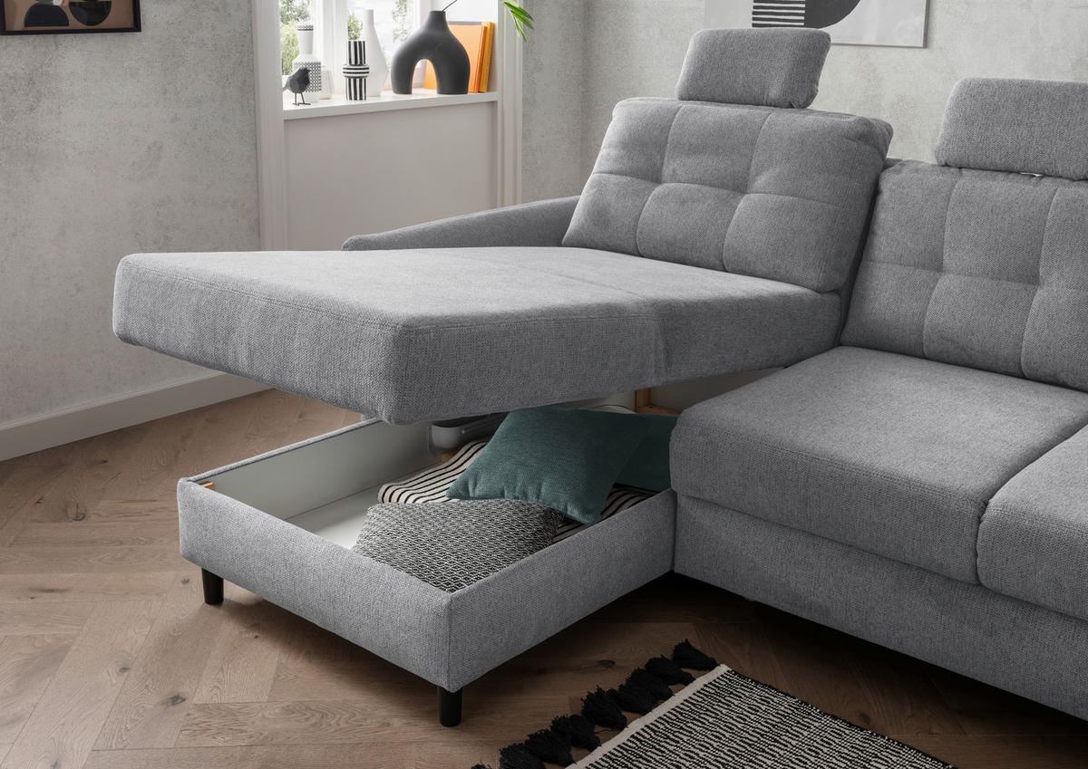 ECKSOFA in Chenille Silberfarben  - Mintgrau/Silberfarben, Modern, Holz/Textil (176/250-280cm) - Livetastic