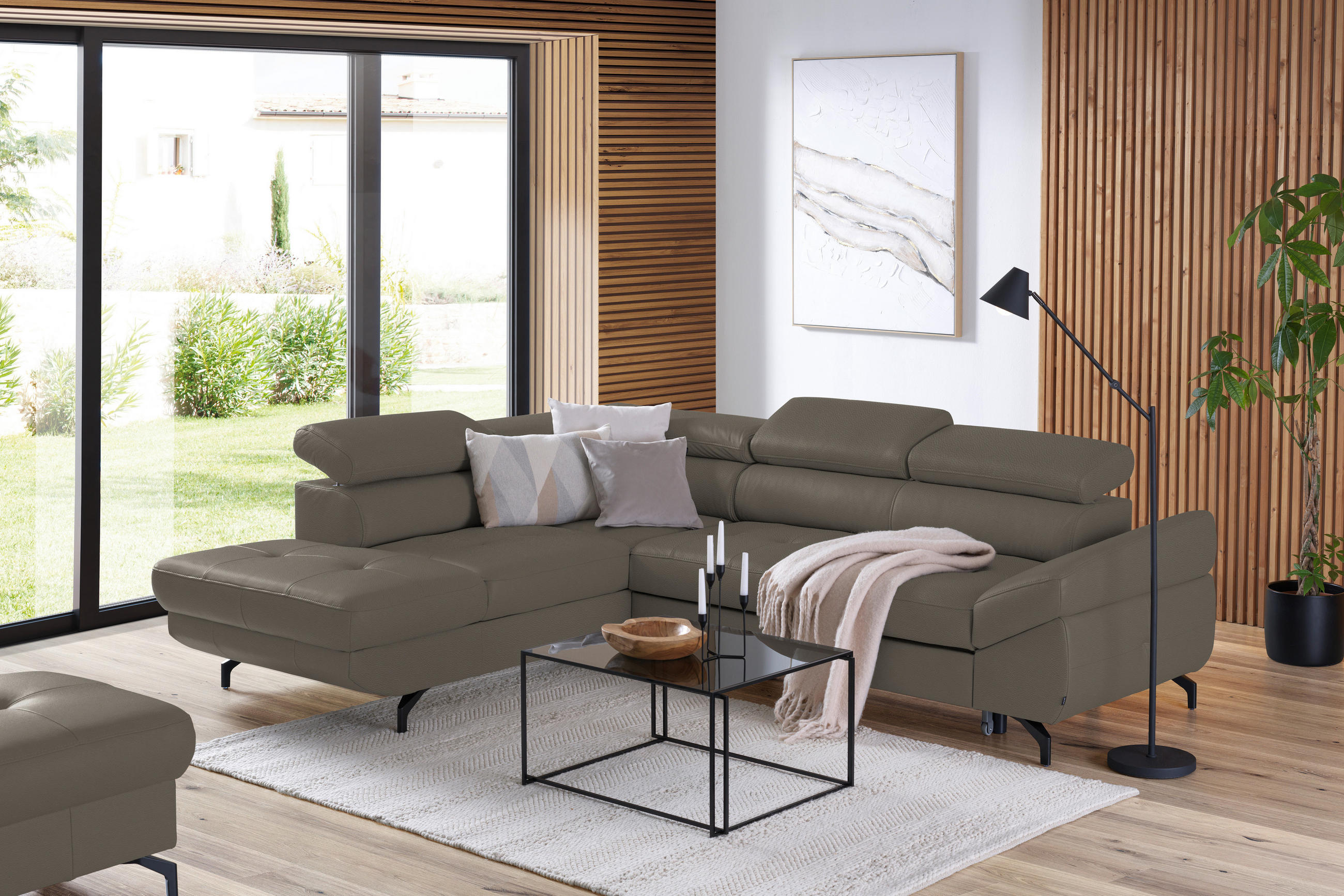 ECKSOFA in Echtleder Graubraun  - Graubraun/Schwarz, Design, Leder/Metall (220/270cm) - Novel