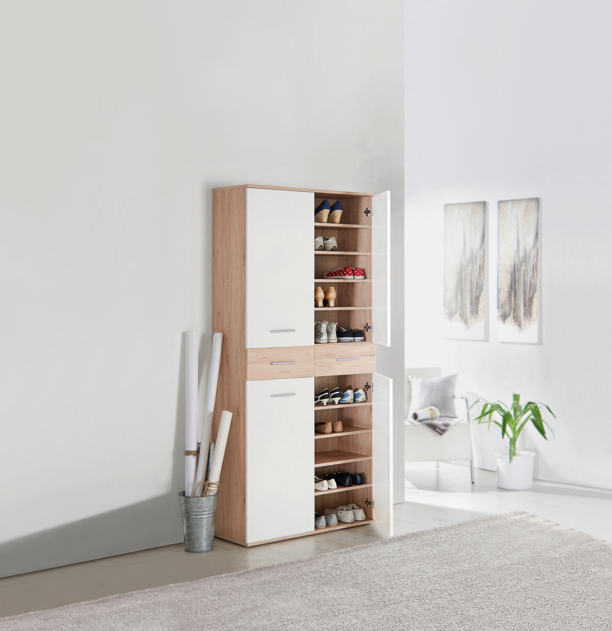 OMARA ZA ČEVLJE bela, barve hrasta - srebrne barve/črna, Design, umetna masa/leseni material (90/195/35cm) - Xora
