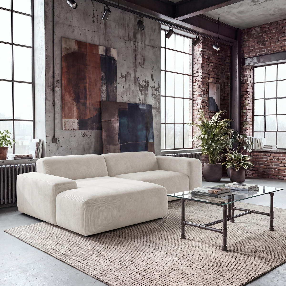 ECKSOFA HANNAH Creme Cord  - Creme/Schwarz, Design, Kunststoff/Textil (170/252cm) - MID.YOU