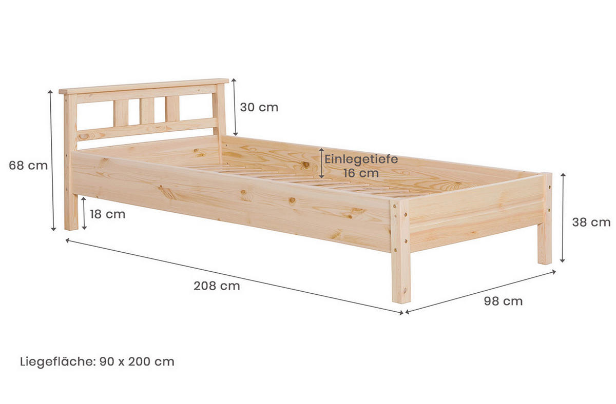 BETT 90/200 cm  in Kieferfarben  - Kieferfarben, KONVENTIONELL, Holz (90/200cm) - MID.YOU