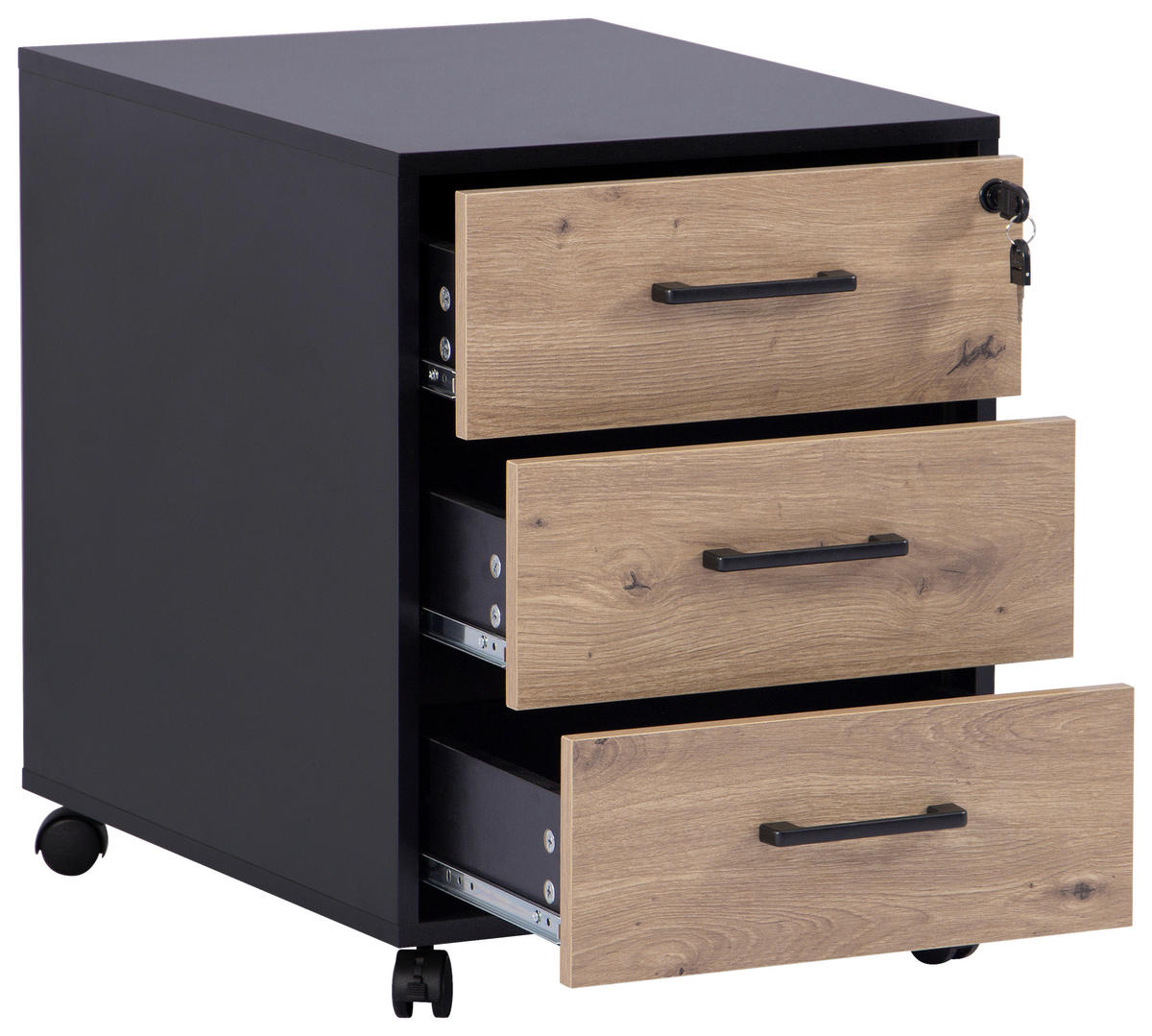 ROLLCONTAINER Schwarz, Eiche Artisan  - Schwarz/Eiche Artisan, MODERN, Holzwerkstoff/Kunststoff (43/56/60cm) - Livetastic