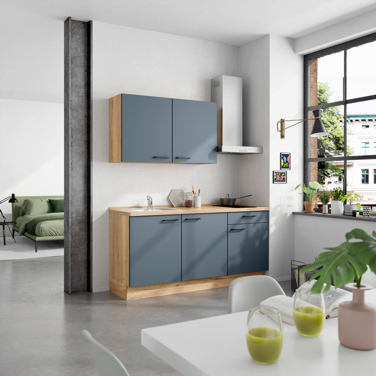 KÜCHENBLOCK Easytouch 180 cm  in Blau, Eichefarben  - Blau/Eichefarben, MODERN, Holzwerkstoff/Metall (180cm) - Nobilia