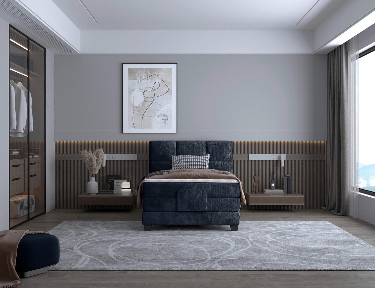 BOXSPRINGBETT 120/200 cm,  in Dunkelblau, Matratze, Topper, motorische Verstellbarkeit, Fernbedienung, H3 = fest  - Schwarz/Dunkelblau, KONVENTIONELL, Holz/Kunststoff (120/200cm) - Chameo