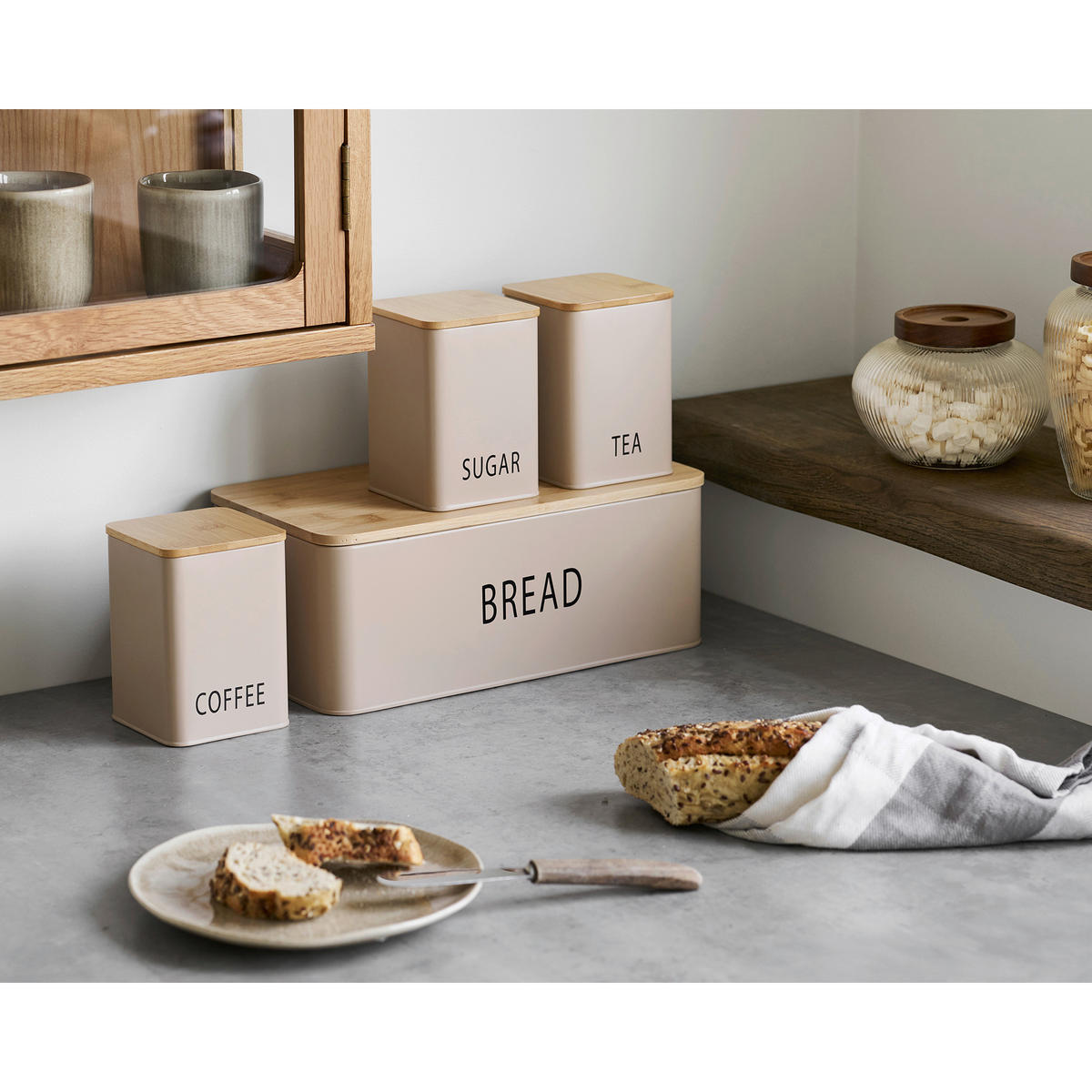 FÖRVARINGSBURKAR SET 4 delar  - beige/naturfärgad, Basics, metall/trä