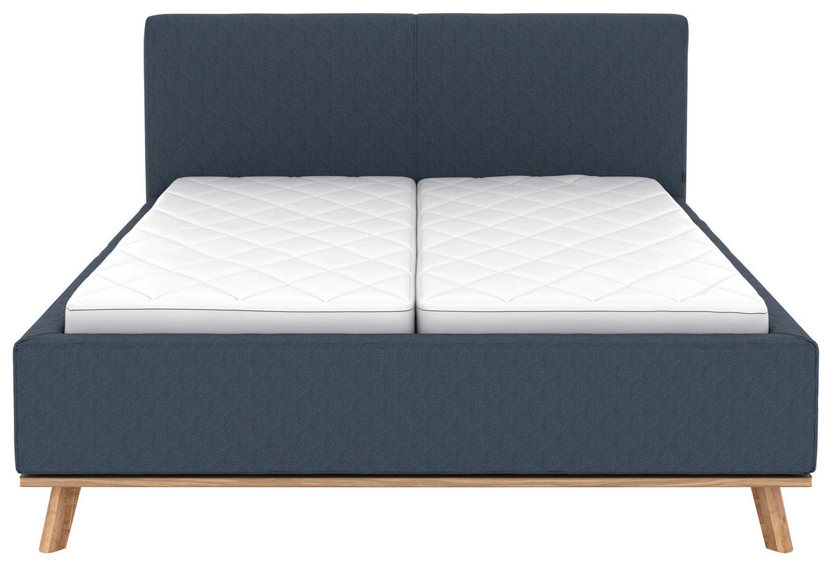 POLSTERBETT 180/200 cm,  in Dunkelblau, Matratze, Lattenrost, Bettkasten, unterschiedliche Matratzenhärtegrade je Bettseite, H2 + H3 = mittel + fest  - Eichefarben/Weiß, Design, Holz/Textil (180/200cm) - Musterring