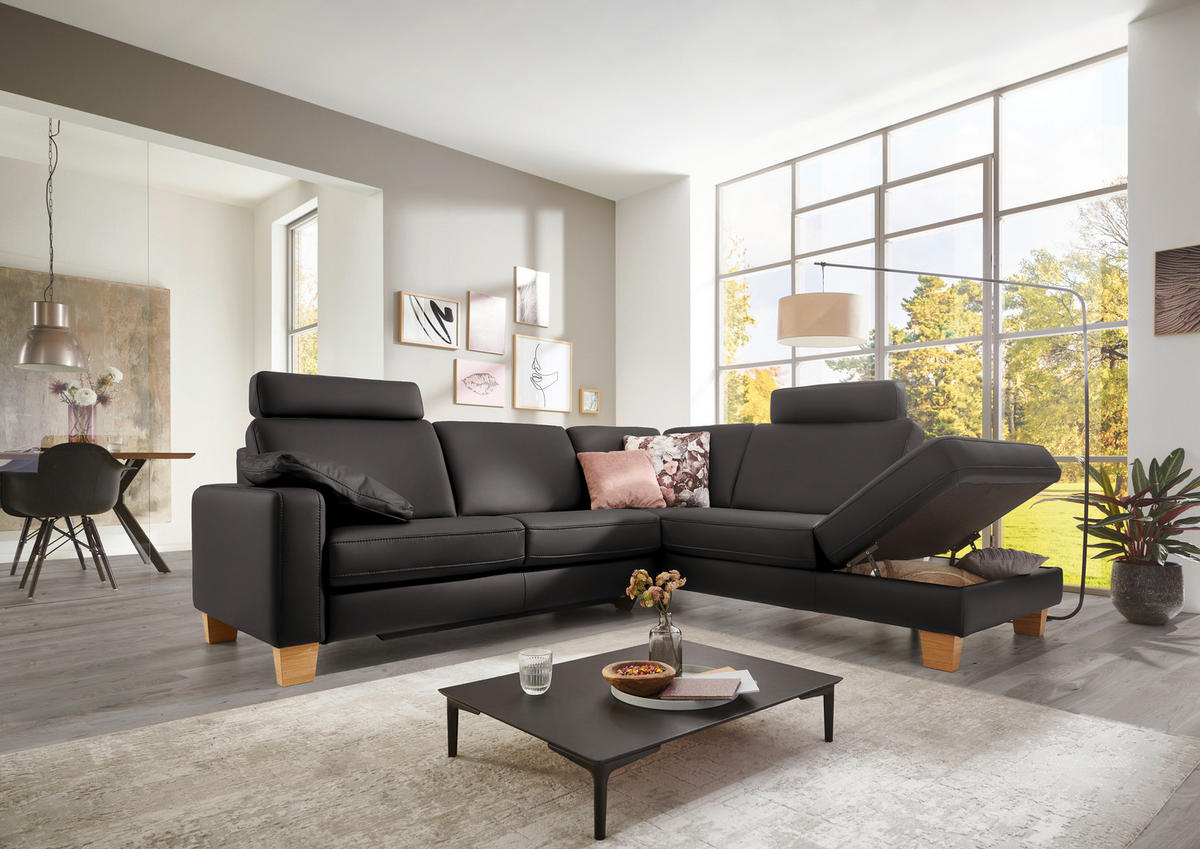 ECKSOFA in Echtleder Dunkelgrau  - Eiche Bianco/Dunkelgrau, Konventionell, Leder/Holz (257/235cm) - Valdera
