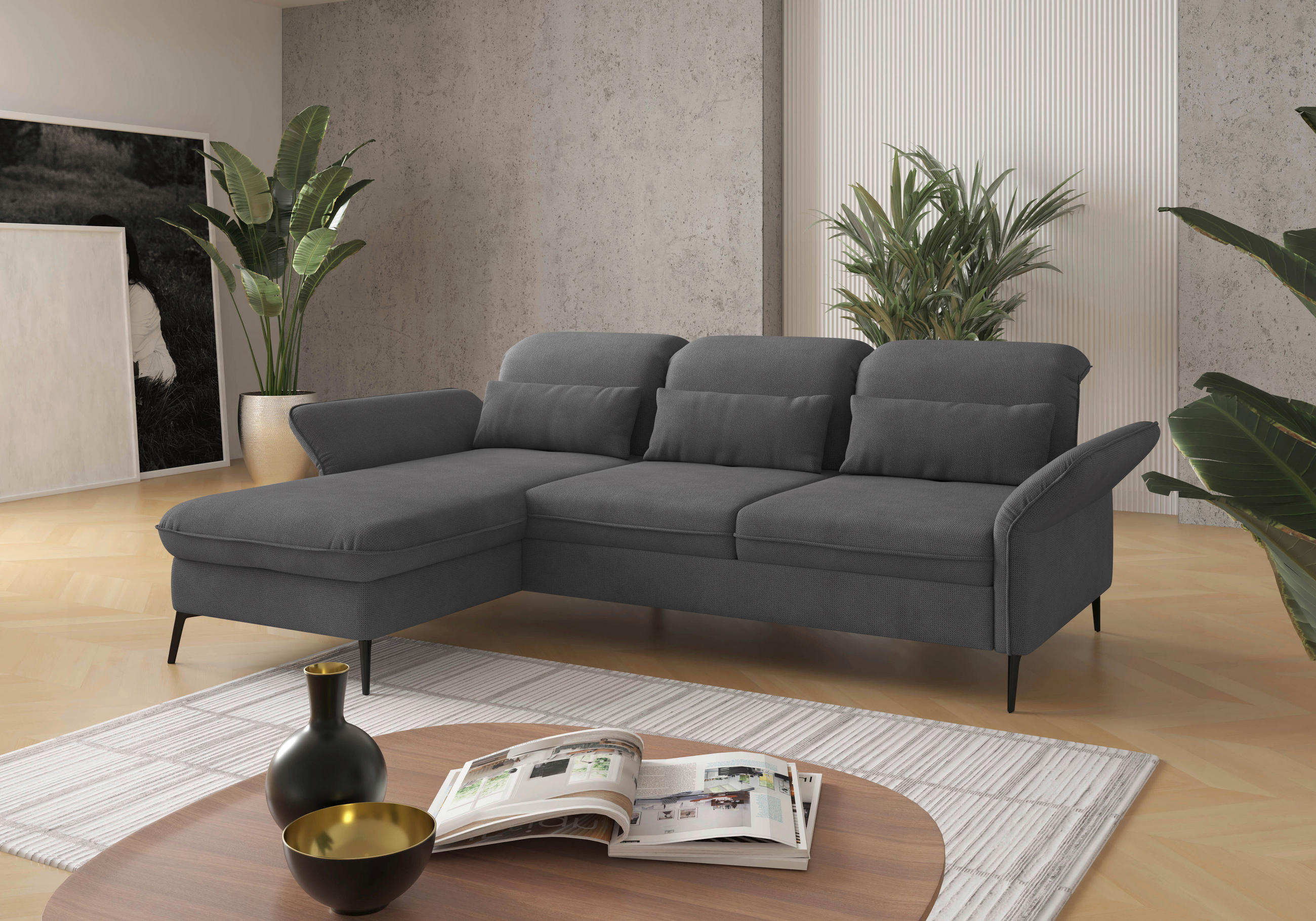 ECKSOFA in Flachgewebe Grau  - Schwarz/Grau, Konventionell, Textil/Metall (198/264cm) - Sit & More