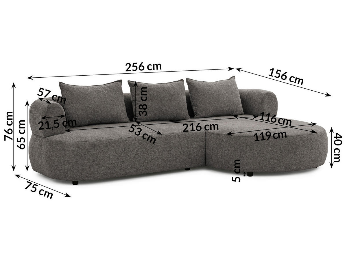ECKSOFA in Chenille Anthrazit  - Anthrazit/Schwarz, Design, Kunststoff/Textil (256/156cm) - Livetastic