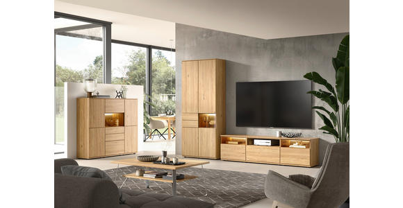 WOHNWAND  in Eichefarben  300/215/45 cm  - Eichefarben/Schwarz, KONVENTIONELL, Glas/Holzwerkstoff (300/215/45cm) - Venda