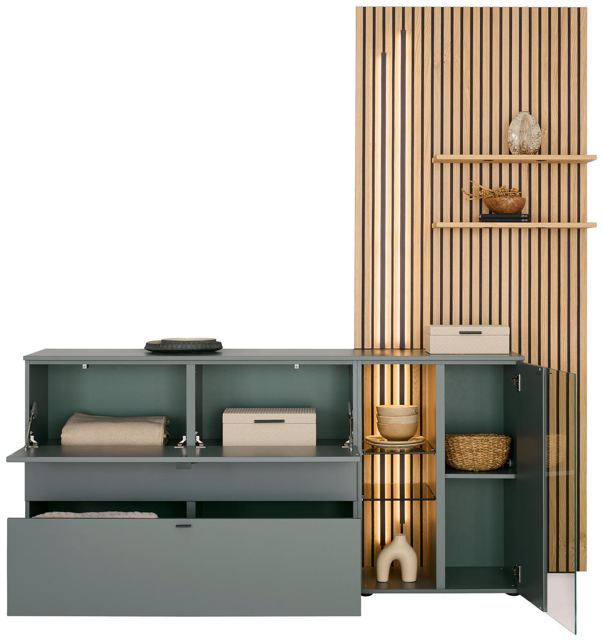 SIDEBOARD Grün, Eichefarben  210/224/43 cm  - Eichefarben/Anthrazit, Design, Glas/Holz (210/224/43cm) - Venjakob