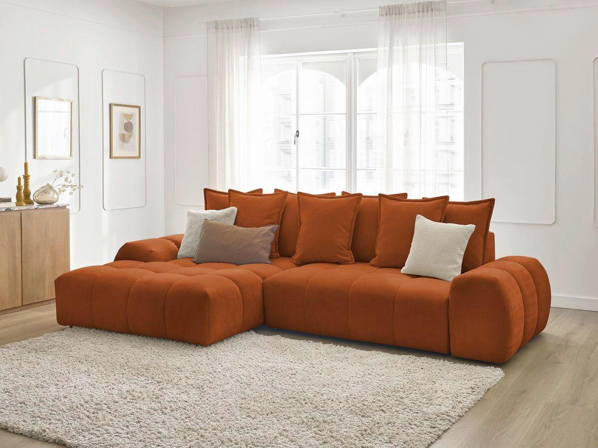 ECKSCHLAFSOFA EVEREST  mit Rücken echt, Armteil links, Armteil rechts Struktur Orange  - Schwarz/Orange, MODERN, Kunststoff/Textil (180/318cm) - Livetastic