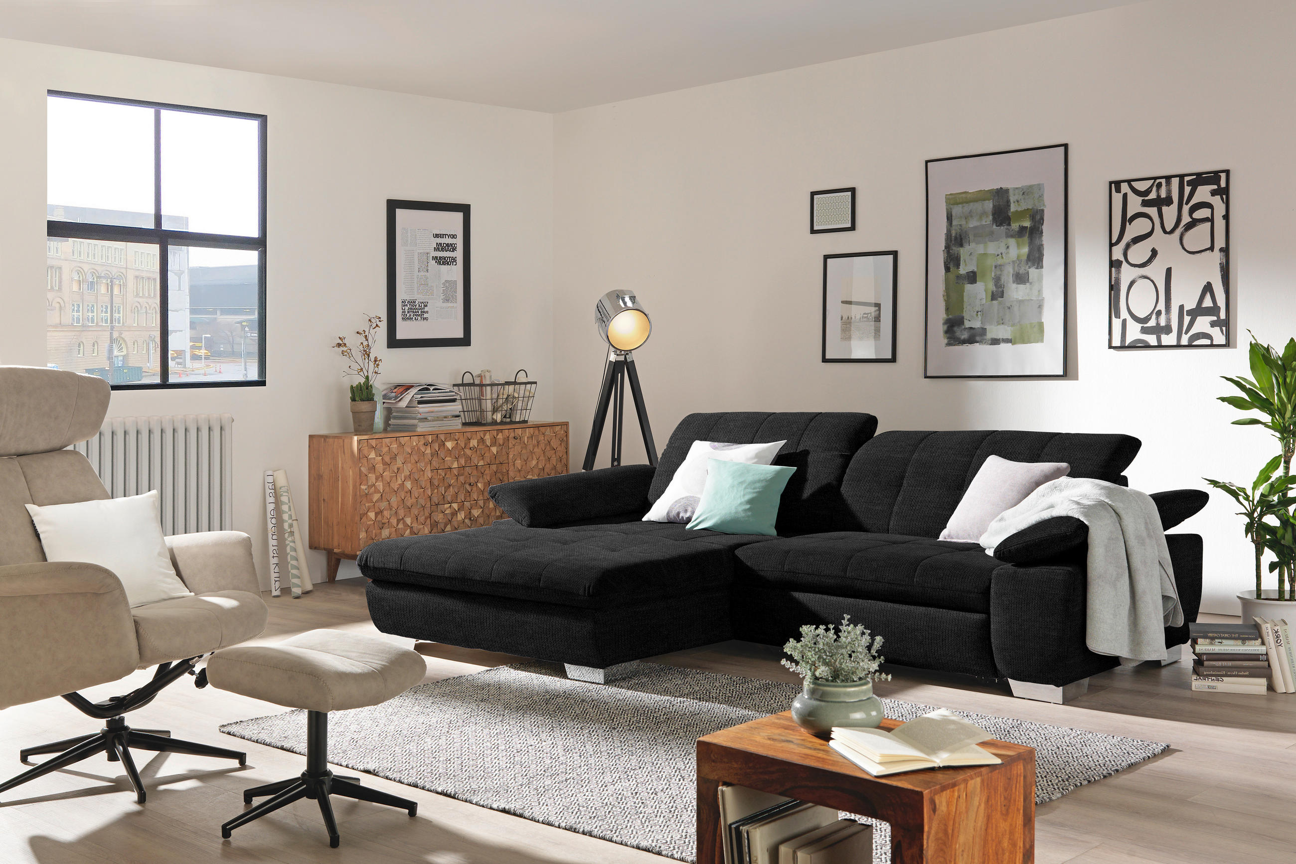 ECKSOFA in Mikrofaser Graphitfarben  - Chromfarben/Graphitfarben, Design, Textil/Metall (180/265cm) - Carryhome