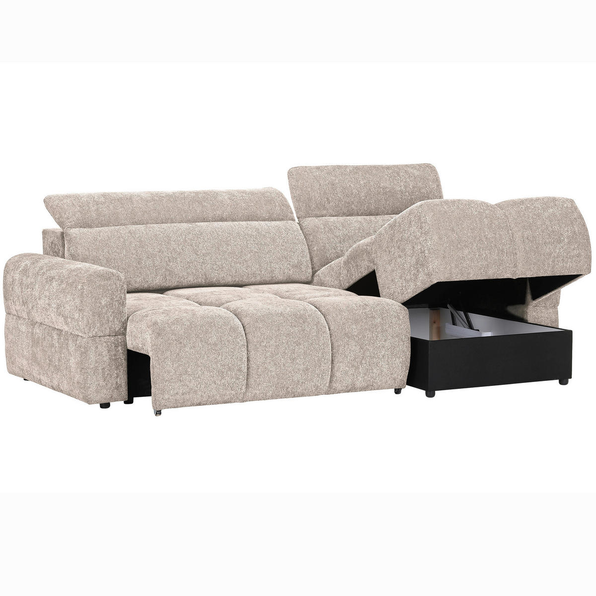 ECKSOFA Beige Chenille Bettkasten, Rücken echt, Kopfteilverstellung, Sitztiefenverstellung  - Beige/Schwarz, MODERN, Kunststoff/Textil (268/165cm) - Carryhome