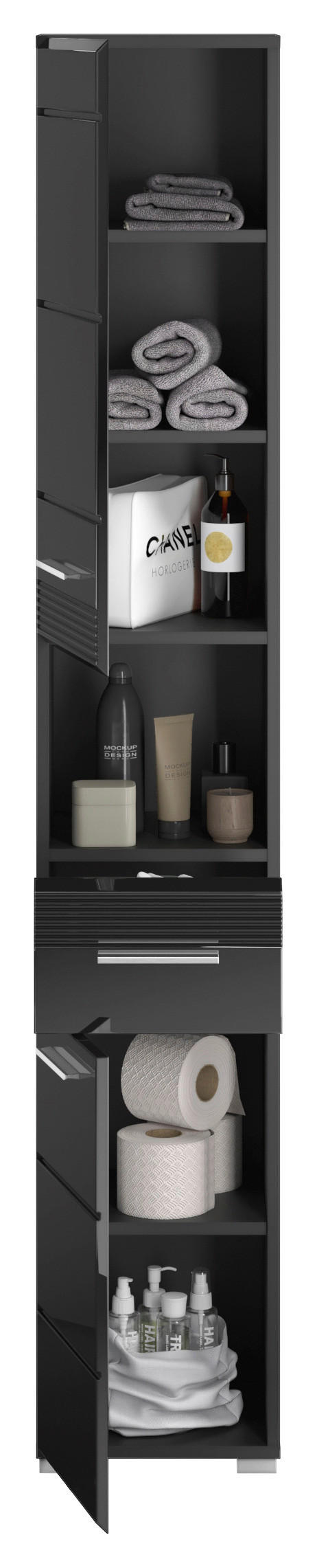 Thumbnail - Mid.you Hochschrank, Schwarz, Schwarz Hochglanz, Kunststoff, 3 Fächer, 1 Schublade(n) Schubladen, 30x181x30 cm, FSC Mix,...