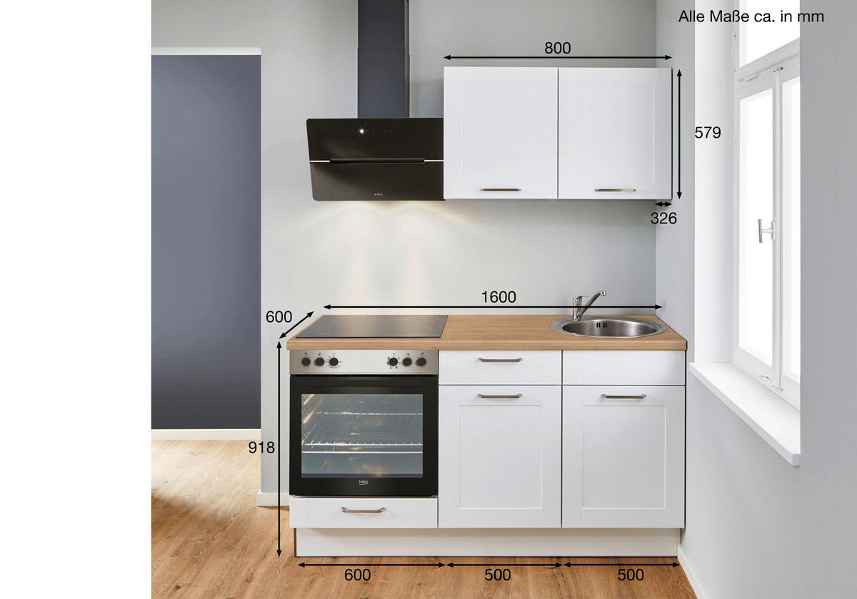 KÜCHENLEERBLOCK 160 cm   in Weiß, Eichefarben  - Edelstahlfarben/Eichefarben, Design, Holzwerkstoff/Metall (160cm) - Pino