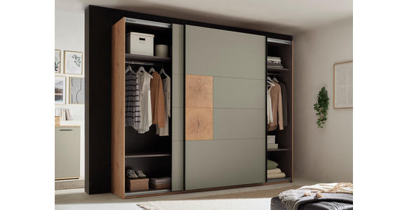 SCHWEBETÜRENSCHRANK  in Salbeigrün, Eiche Artisan  - Salbeigrün/Schwarz, KONVENTIONELL, Holzwerkstoff/Metall (270/225,5/63,7cm) - Xora