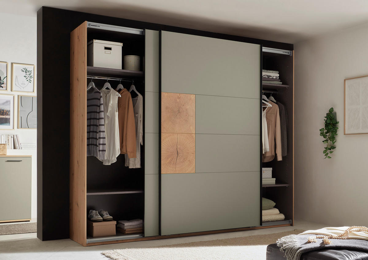 SCHWEBETÜRENSCHRANK  in Salbeigrün, Eiche Artisan  - Salbeigrün/Schwarz, KONVENTIONELL, Holzwerkstoff/Metall (270/225,5/63,7cm) - Xora