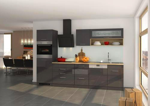 KÜCHENBLOCK 300 cm   in Anthrazit, Anthrazit Hochglanz  - Chromfarben/Eichefarben, MODERN, Holzwerkstoff/Metall (300cm) - Held