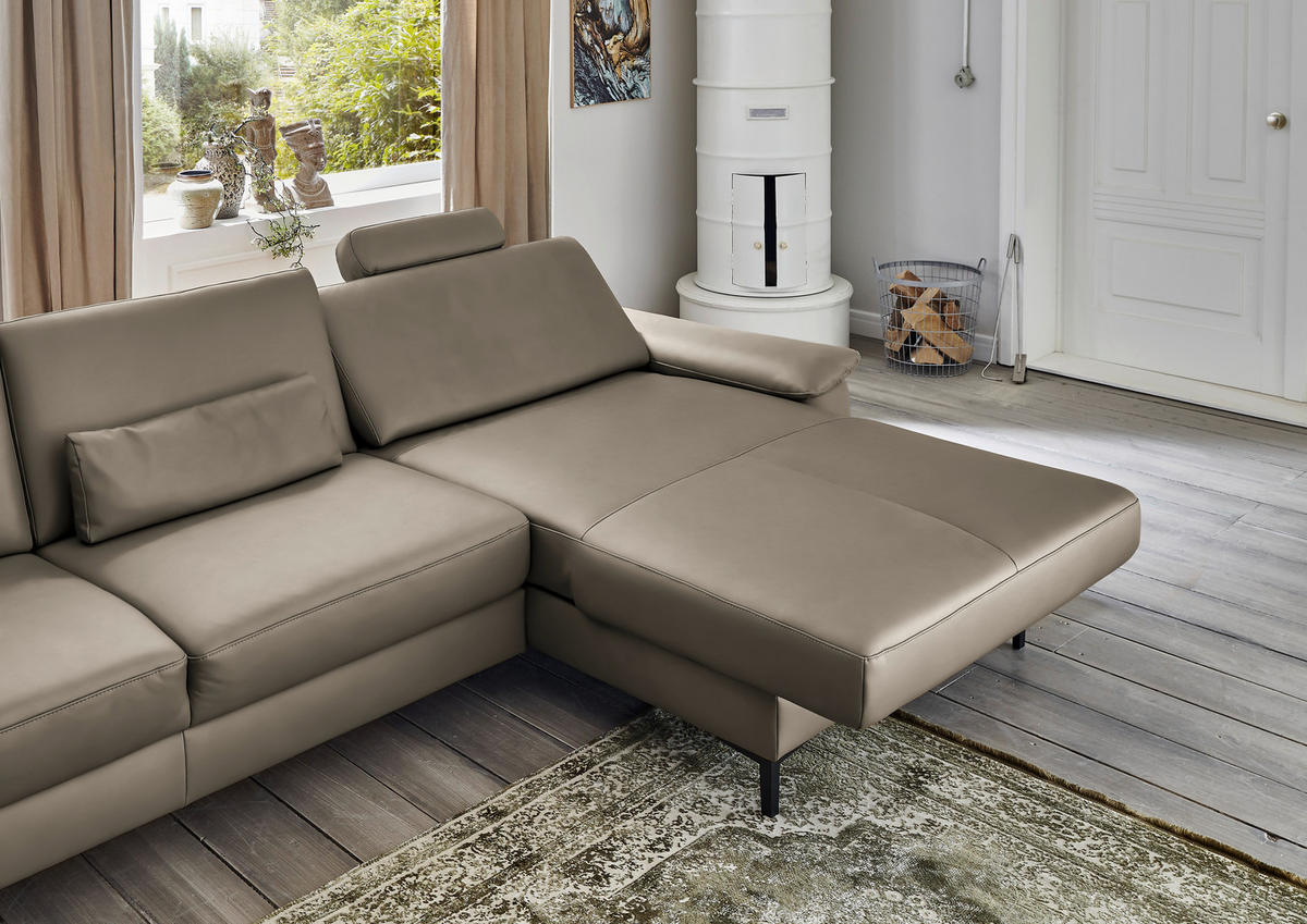 ECKSOFA in Echtleder Graubraun  - Graubraun/Schwarz, Design, Leder/Metall (334/176cm) - Dieter Knoll