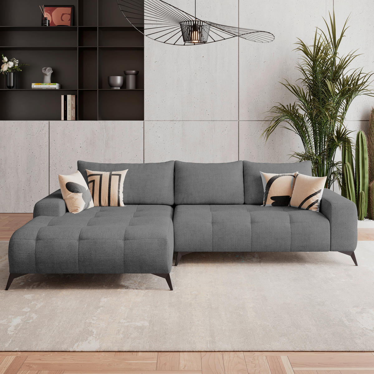 ECKSOFA MAURO Anthrazit Flachgewebe  - Anthrazit/Schwarz, Trend, Textil/Metall (175/290cm) - MID.YOU