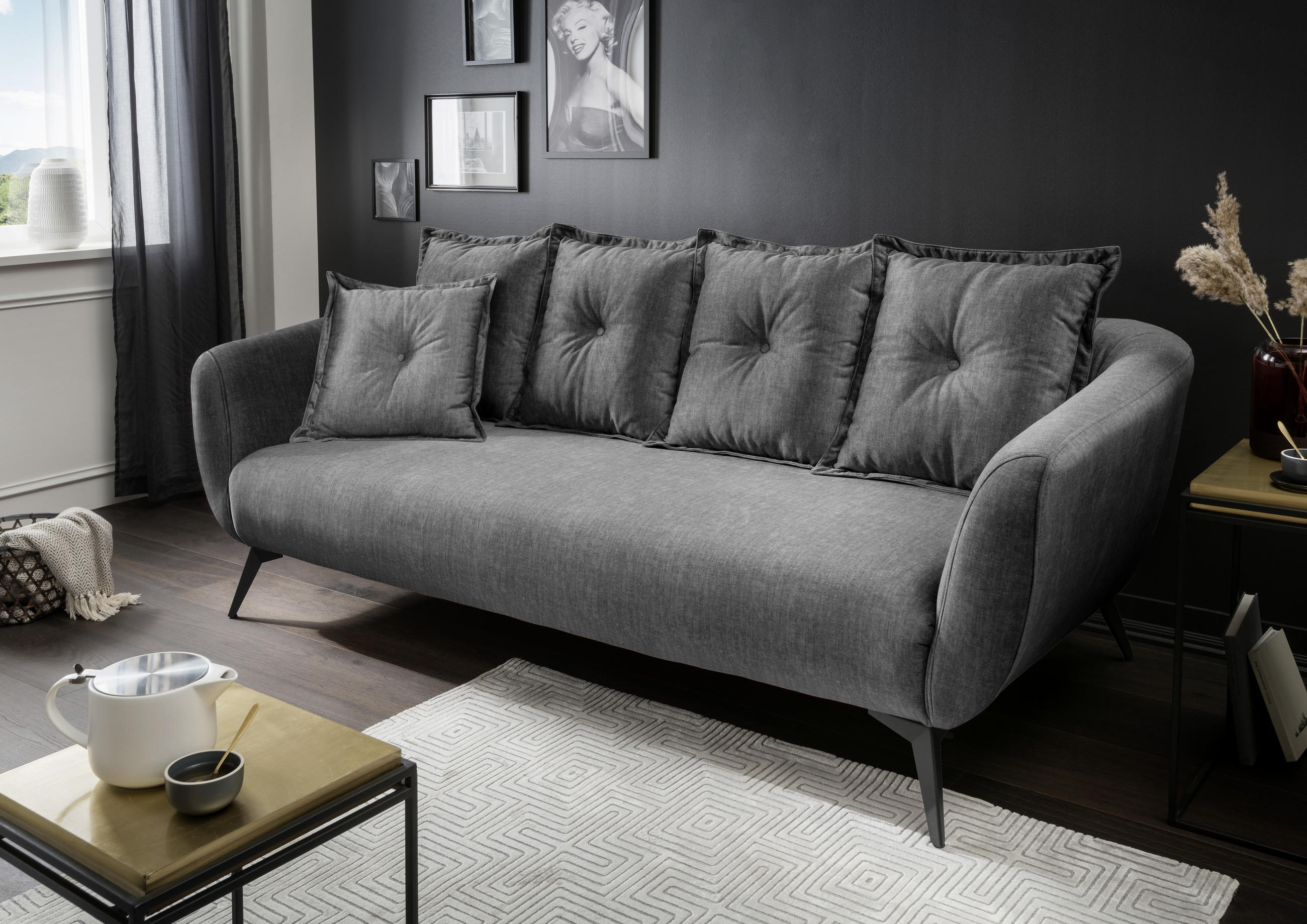 3-SITZER-SOFA Velours Grau  - Schwarz/Grau, MODERN, Holz/Textil (236/94/103cm) - Livetastic