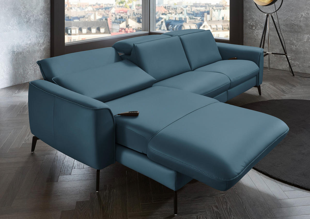 ECKSOFA in Echtleder Blau  - Blau/Schwarz, Natur, Leder/Metall (168/281cm) - Valdera