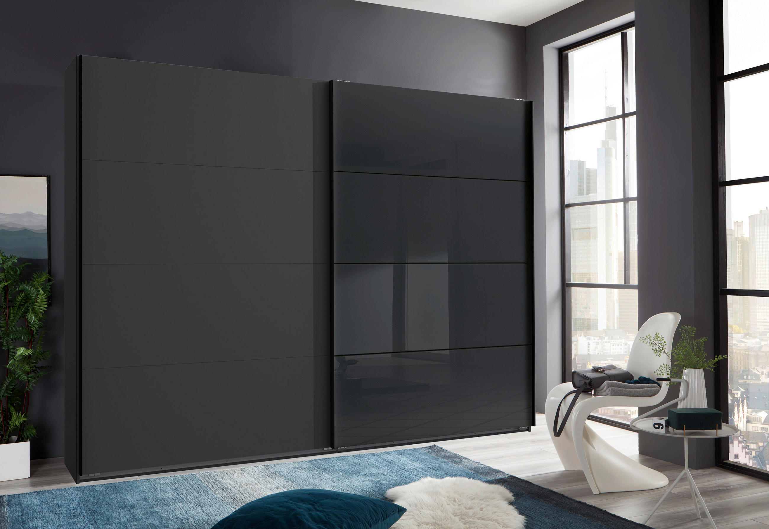 SCHWEBETÜRENSCHRANK in Graphitfarben, Schwarz  - Graphitfarben/Schwarz, Design, Glas/Holzwerkstoff (270/210/65cm) - Carryhome