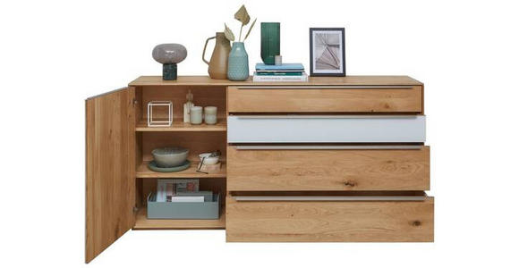 SIDEBOARD Weiß, Eichefarben 183/91/43 cm - Eichefarben/Silberfarben, Design, Glas/Holz (183/91/43cm) - Waldwelt