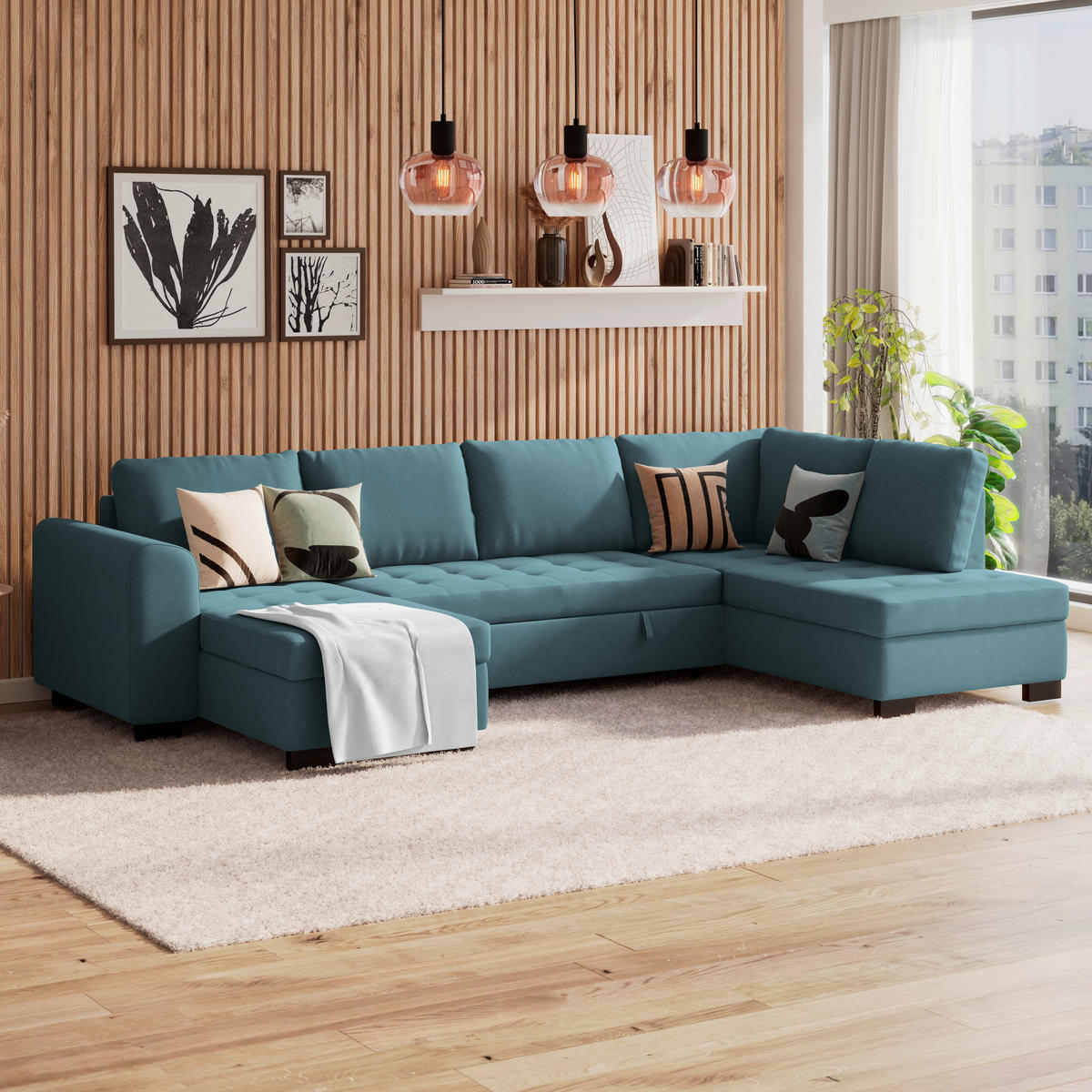 WOHNLANDSCHAFT Blau Mikrofaser  - Blau/Schwarz, MODERN, Kunststoff/Textil (155/305/178cm) - P & B