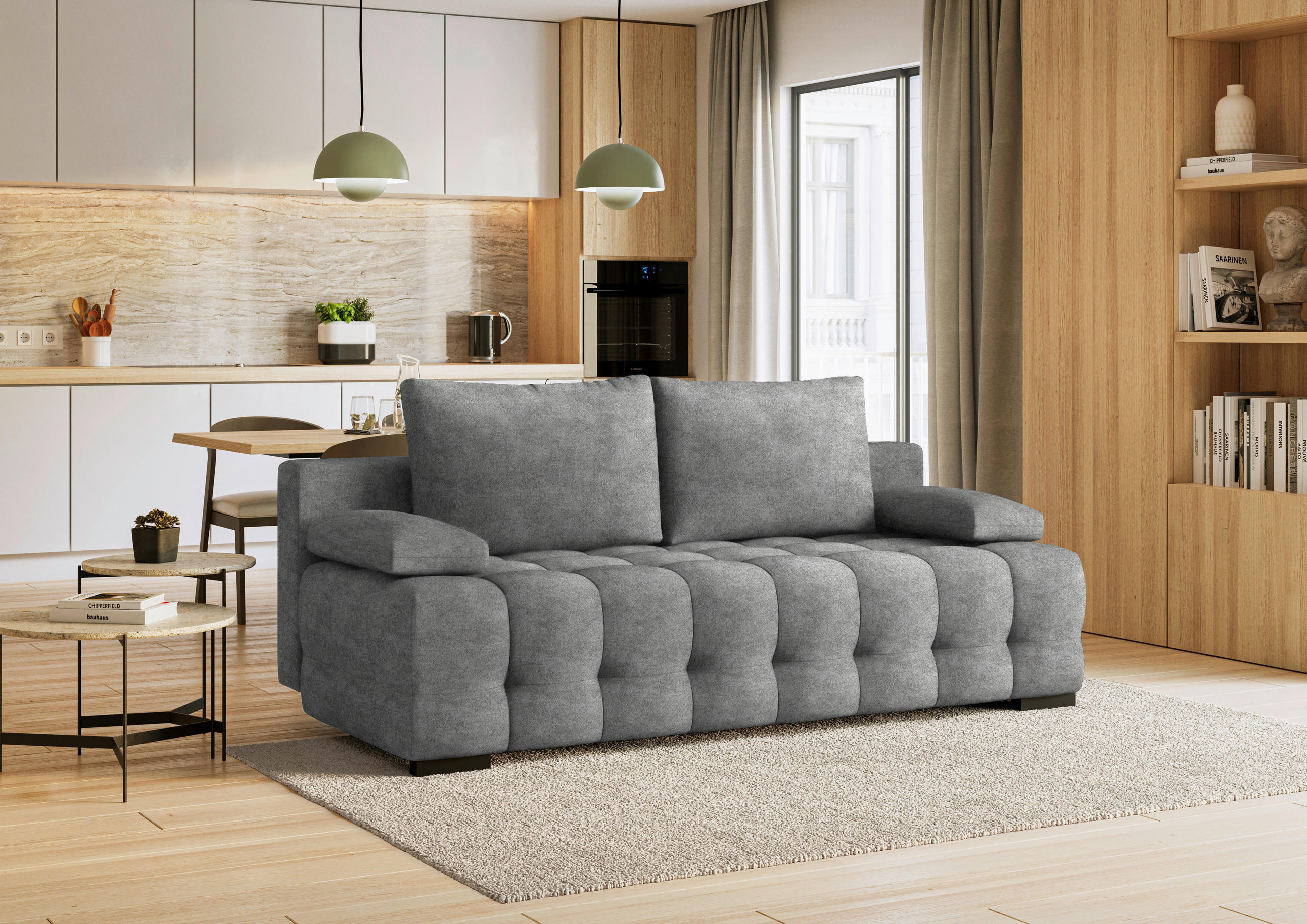 SCHLAFSOFA in Velours Hellgrau  - Hellgrau/Schwarz, KONVENTIONELL, Kunststoff/Textil (209/96/100cm) - Stylife